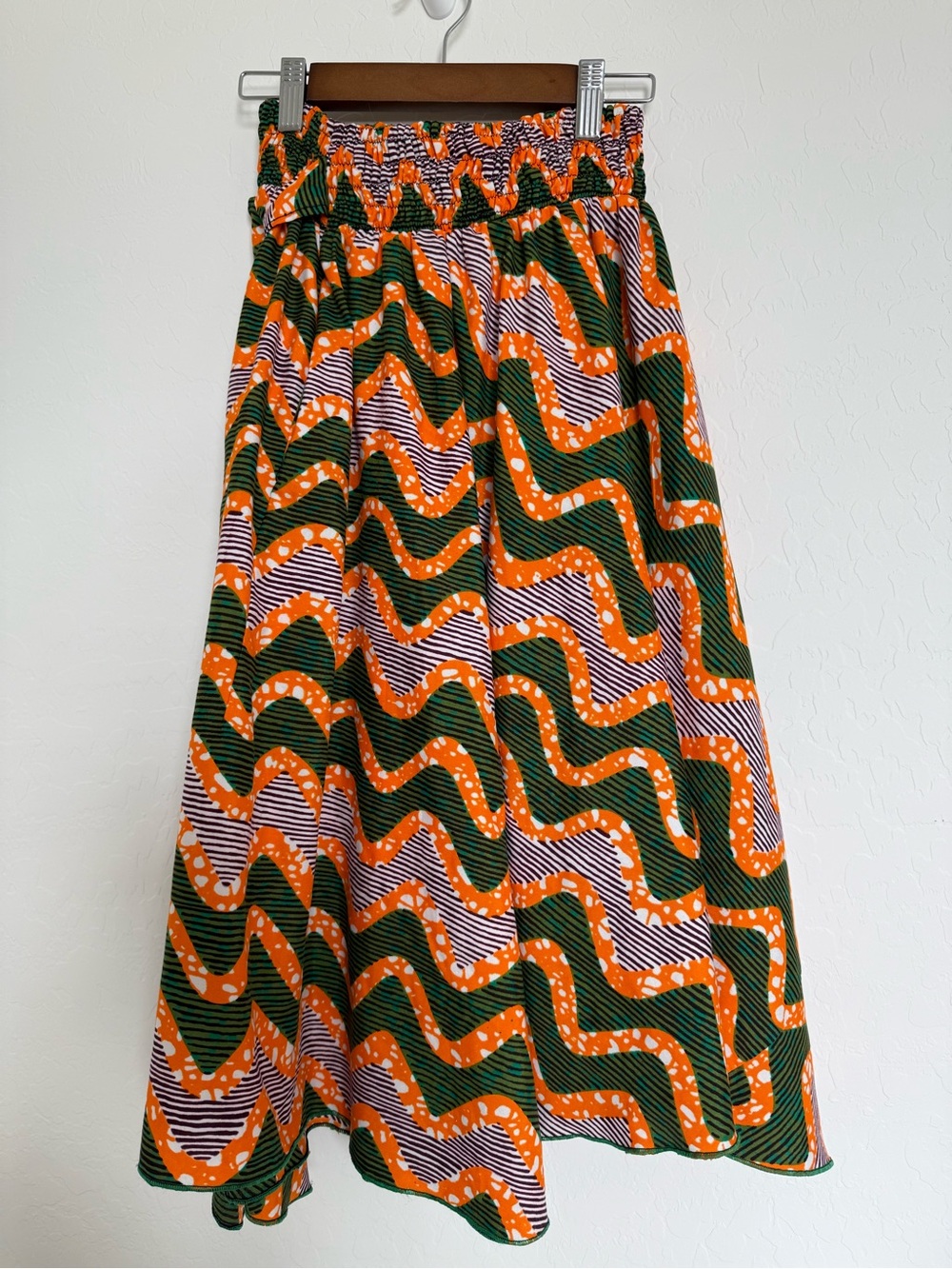 Green and Orange Patterned Smocked Waist Maxi Skirt